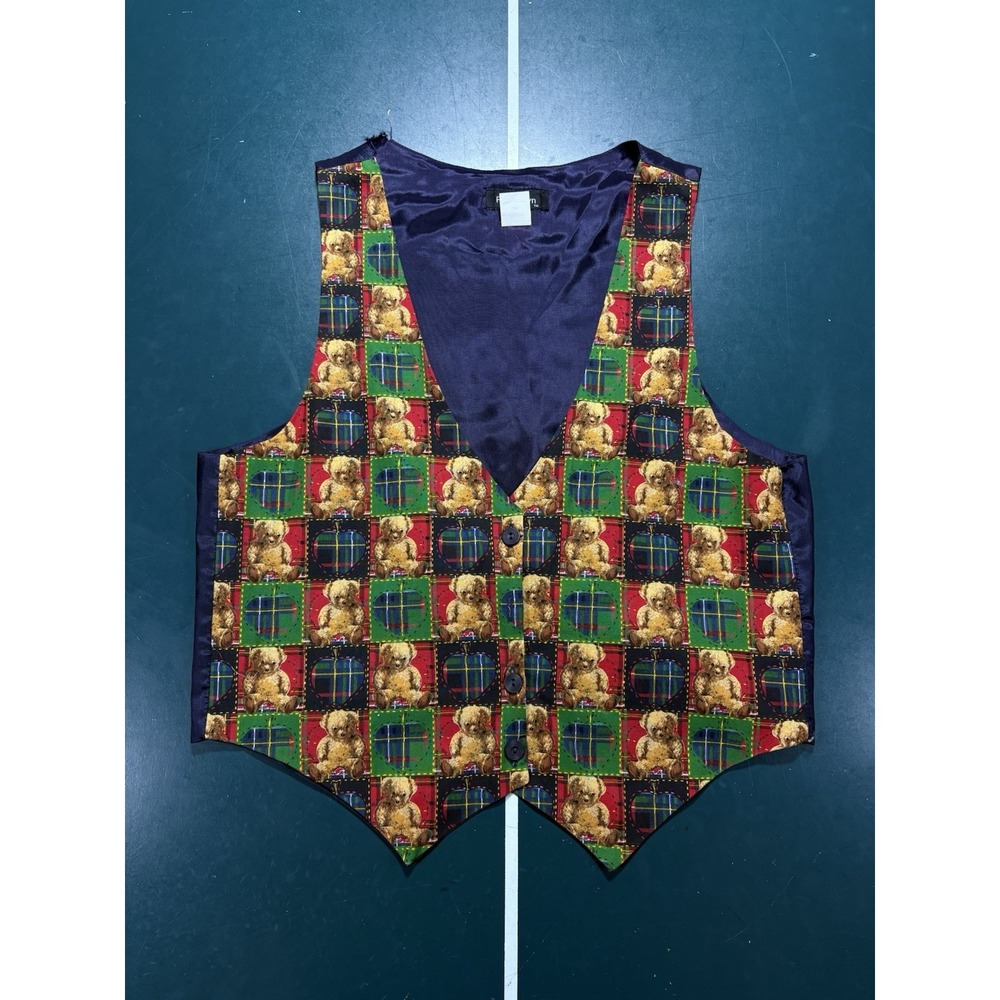 Vintage 90s Teddy Bear Vest‎ Women's Large Apples Teacher Silky Lining USA